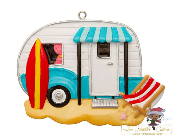 Christmas Ornament Blue Camper Beach/ RV/ Camp/ Tent - Personalized + Free Shipping!
