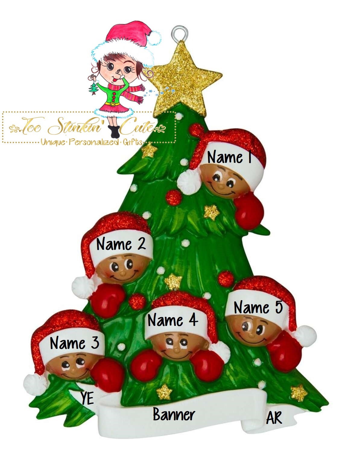 Personalized Christmas Ornament Christmas Tree Family of 5 African American/Tan/Best Friends/ Coworkers + Free Shipping!