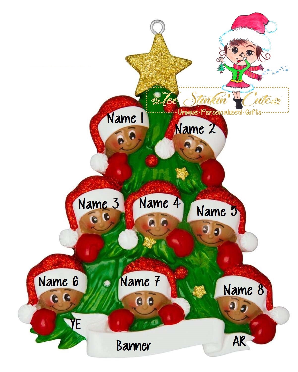 Personalized Christmas Ornament Christmas Tree Family of 8 African American/ Tan/ Best Friends/ Coworkers + Free Shipping!