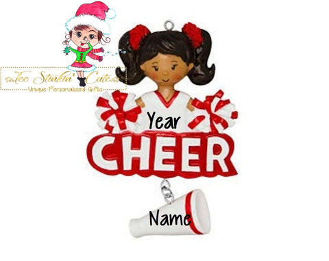 Personalized Christmas Ornament Red Cheerleader/ African American/ Tan/ Cheer/ Pom Pom/ Girls + Free Shipping!