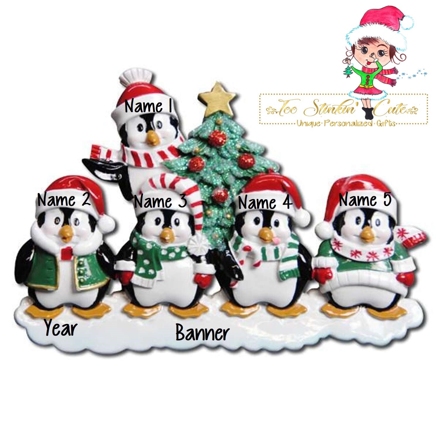 Christmas Ornament Winter Penguin Tree Family of 5/ Friends/ Coworkers - Personalized + Free Shipping!