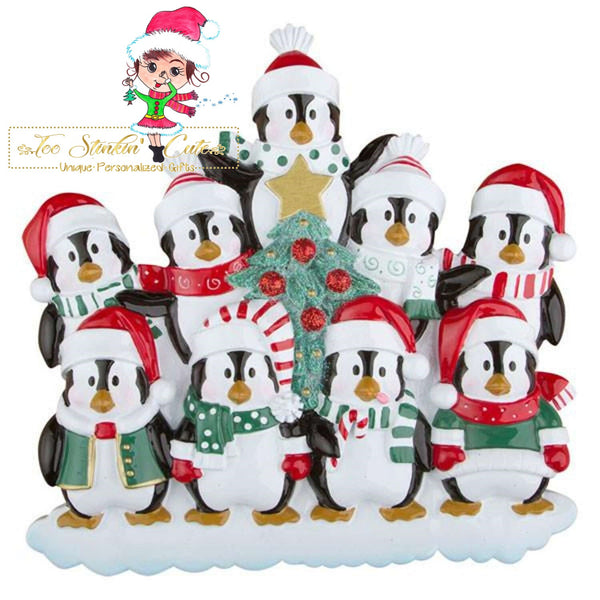 Christmas Ornament Winter Penguin Tree Family of 9/ Friends/ Coworkers - Personalized + Free Shipping!