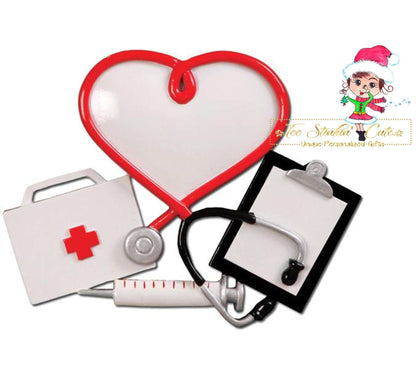 Nurse-themed Christmas ornament with a heart-shaped stethoscope, medical bag, and clipboard without sample lettering.