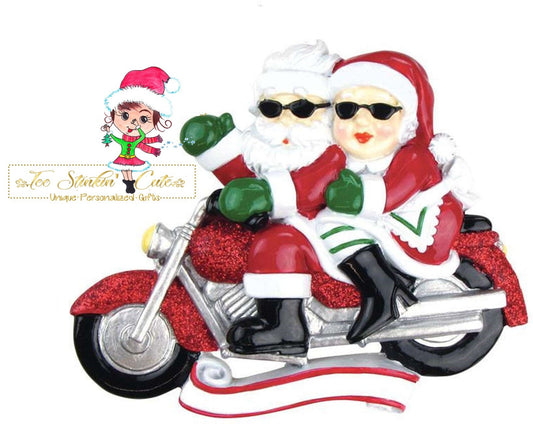 Christmas Ornament Mr & Mrs Claus on Motorcycle/ Harley/ Hog/ Bike/ Santa/ Men/ Riding Couple Family of 2- Personalized + Free Shipping!