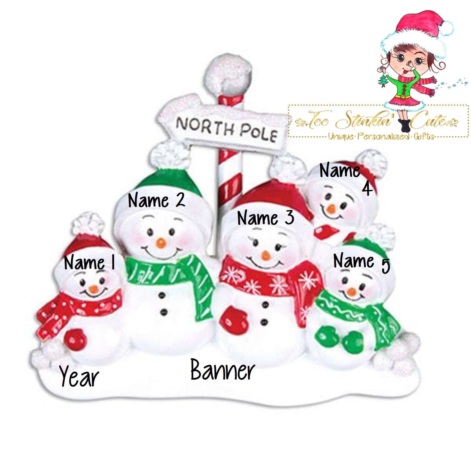 Christmas Ornament Snowman Family of 5 North Pole/ Friends/ Coworkers - Personalized + Free Shipping!