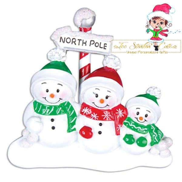 Christmas Ornament Snowman Family of 3 North Pole/ Friends/ Coworkers - Personalized + Free Shipping!