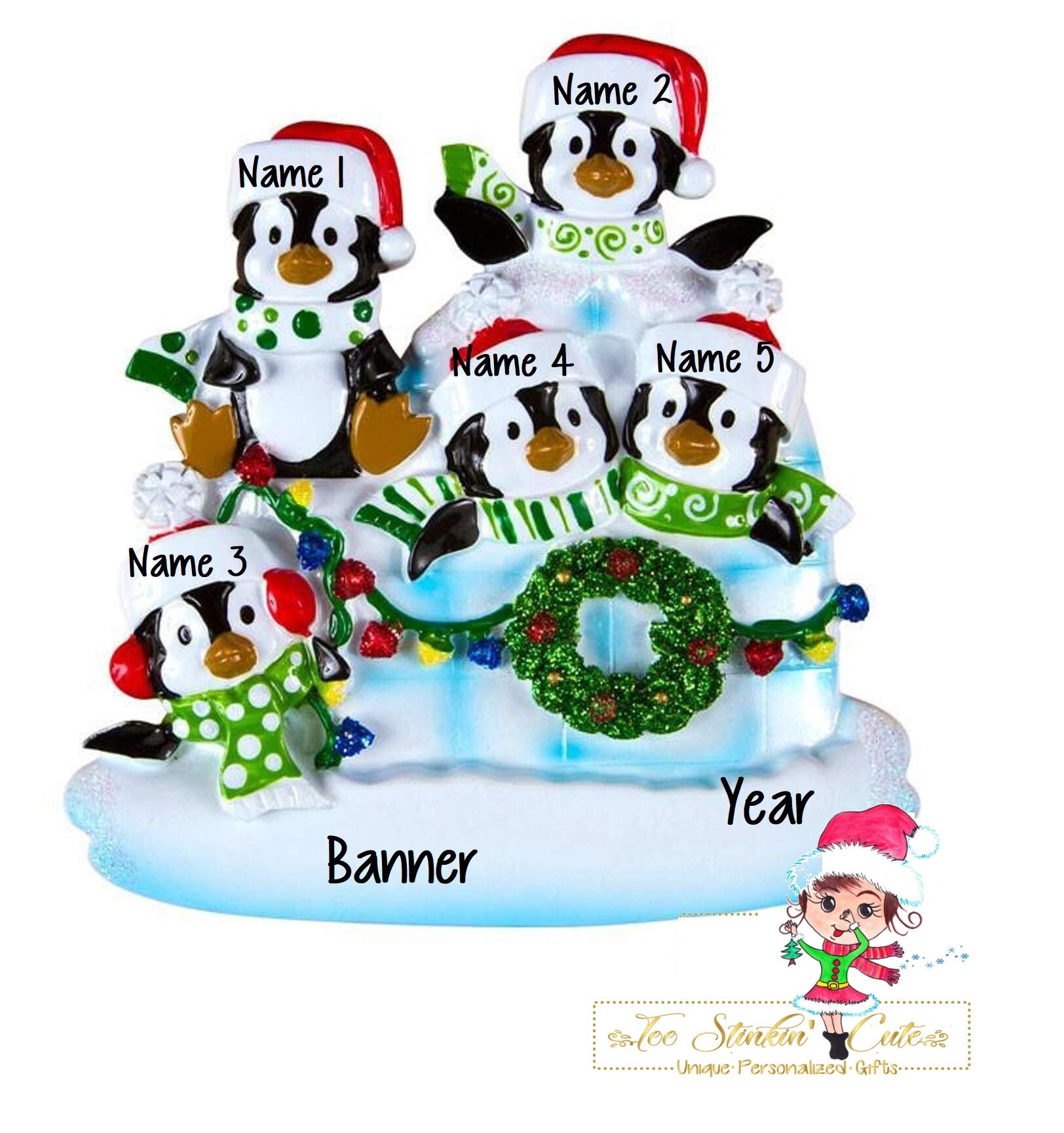 Christmas Ornament Winter Penguin Igloo Family of 5/ Friends/ Coworkers - Personalized + Free Shipping!