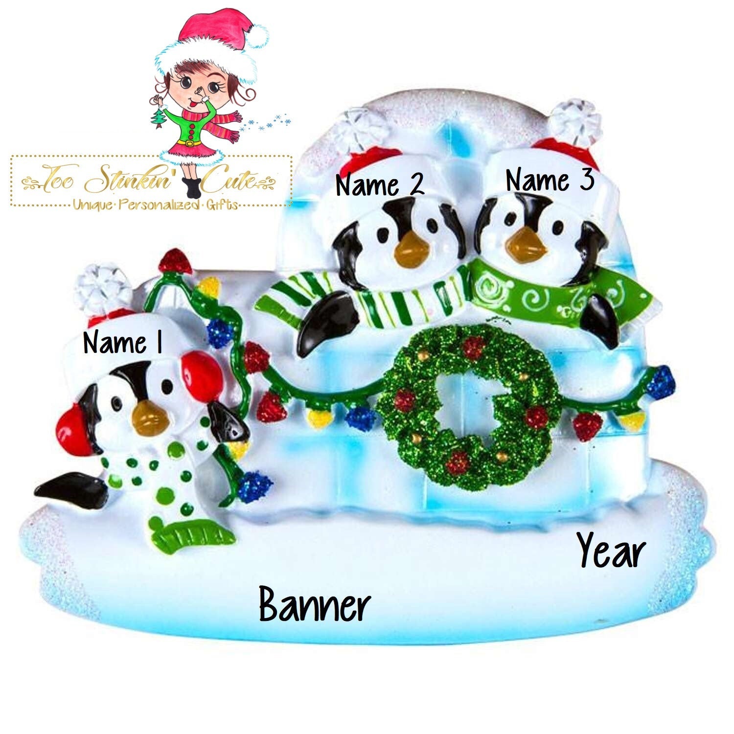 Christmas Ornament Winter Penguin Igloo Family of 3/ Friends/ Coworkers - Personalized + Free Shipping!