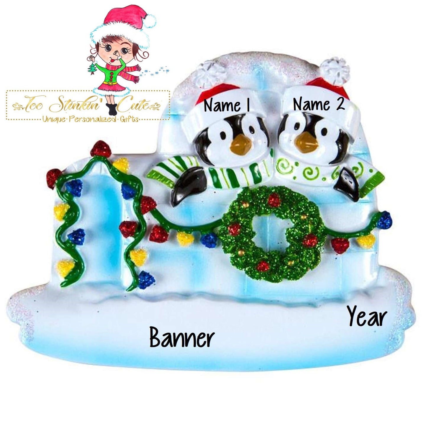 Christmas Ornament Winter Penguin Igloo Family of 2 / Couple/ Friends/ Coworkers - Personalized + Free Shipping!