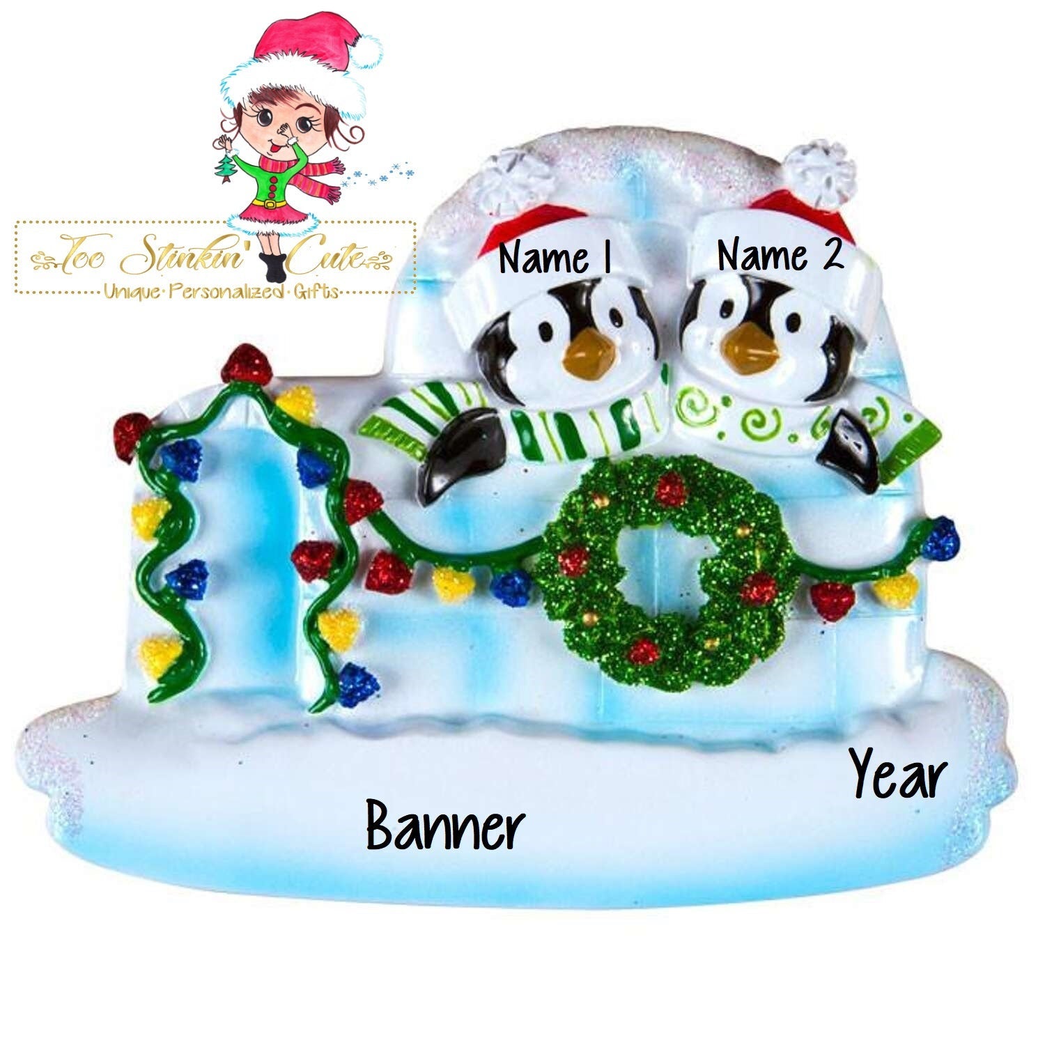 Christmas Ornament Winter Penguin Igloo Family of 2 / Couple/ Friends/ Coworkers - Personalized + Free Shipping!