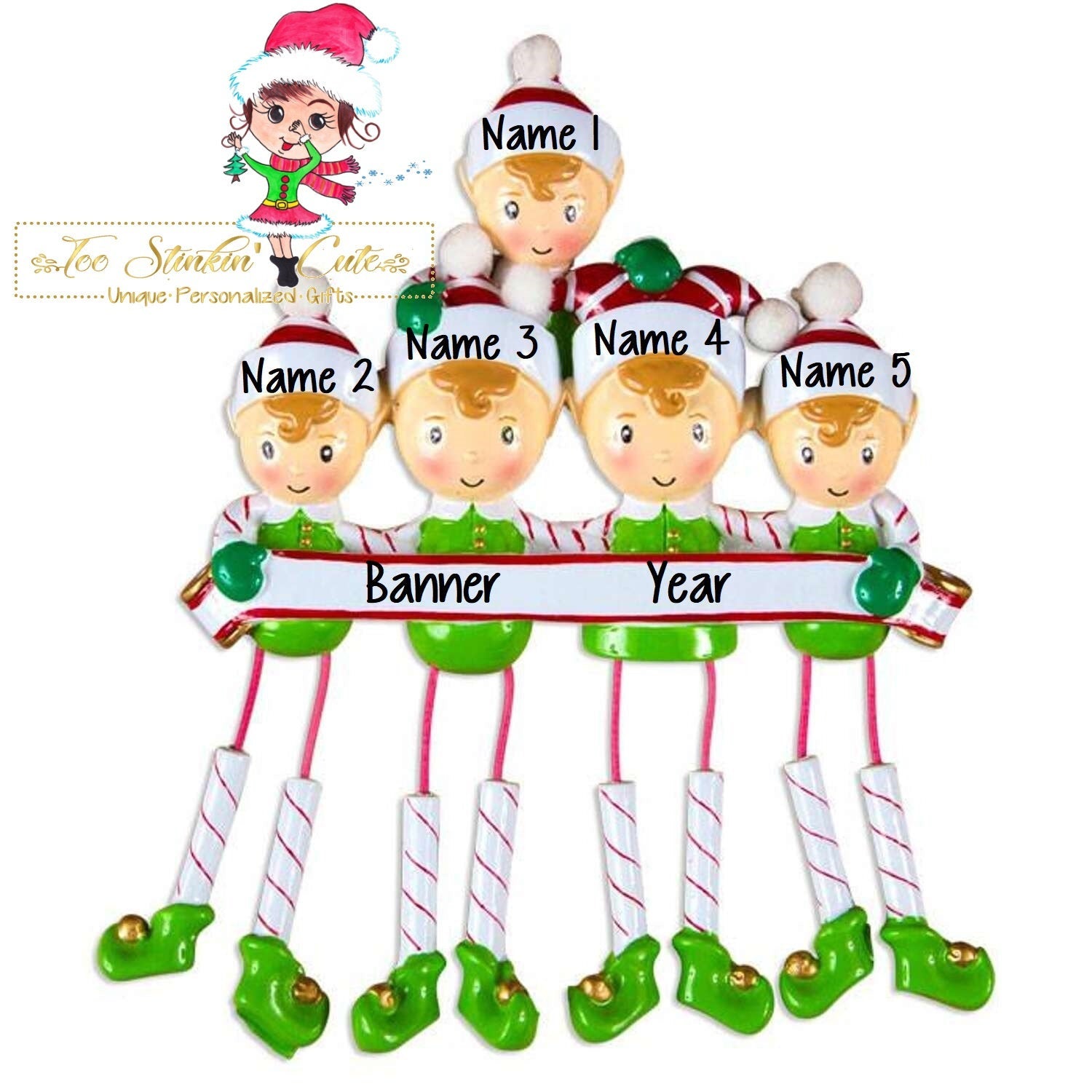 Christmas Ornament Elf Family of 5/ Elves/ Friends/ Coworkers - Personalized + Free Shipping!