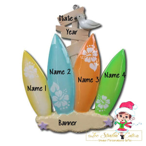 Personalized Christmas Ornament Surf Board Beach Family of 4/ Best Friends/ Coworkers + Free Shipping!