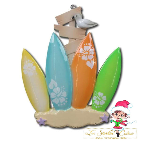 Personalized Christmas Ornament Surf Board Beach Family of 4/ Best Friends/ Coworkers + Free Shipping!