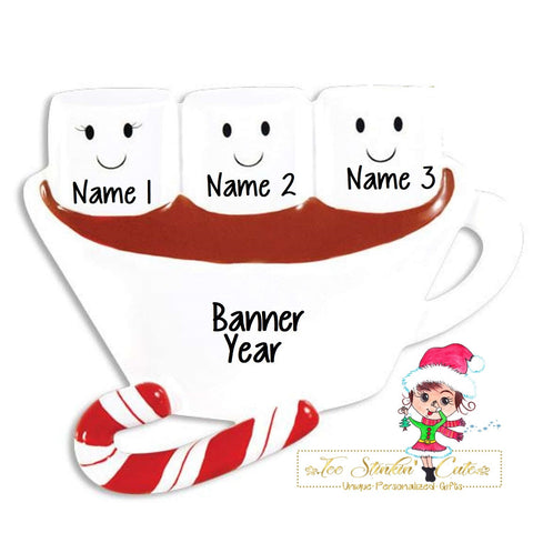 Personalized Christmas Ornament Hot Chocolate Marshmallow Family of 3/ Best Friends/ Coworkers + Free Shipping!