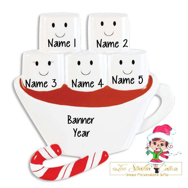 Personalized Christmas Ornament Hot Chocolate Marshmallow Family of 5/ Best Friends/ Coworkers + Free Shipping!