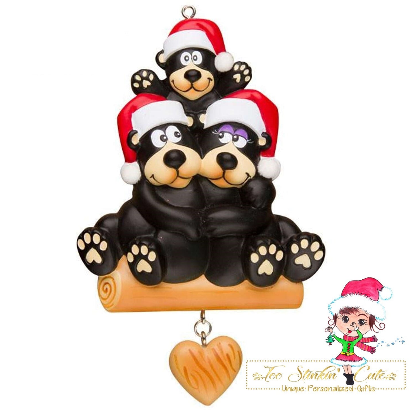 Christmas Ornament Black Bear Family of 3/ Friends/ Coworkers - Personalized + Free Shipping!