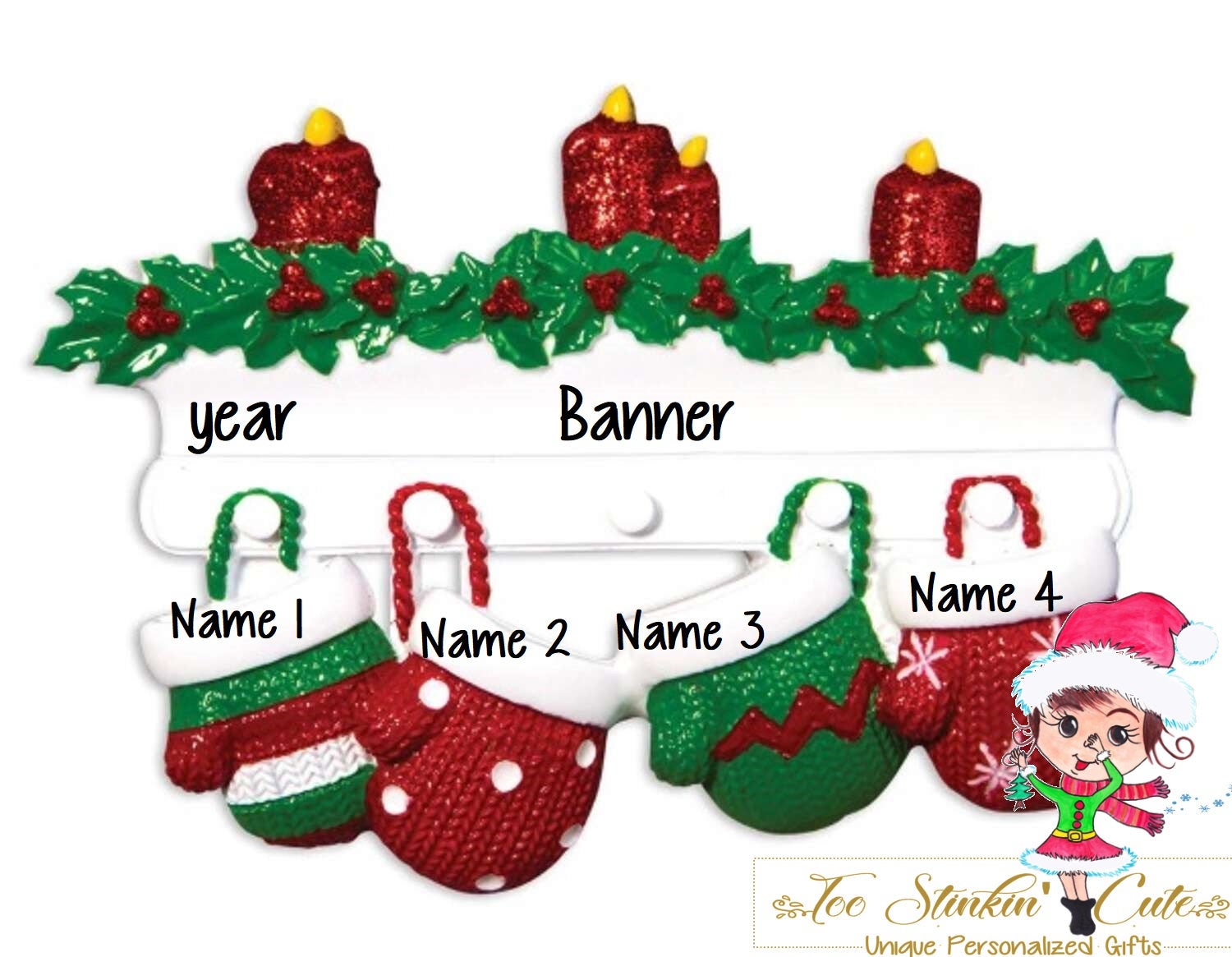 Personalized Christmas Ornament Mittens Family of 4 + Free Shipping!