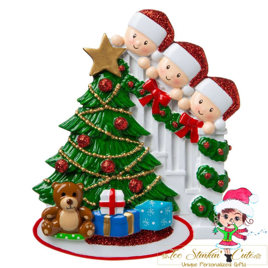 Christmas Ornament Peeking Christmas Tree Family of 3 - Personalized + Free Shipping!