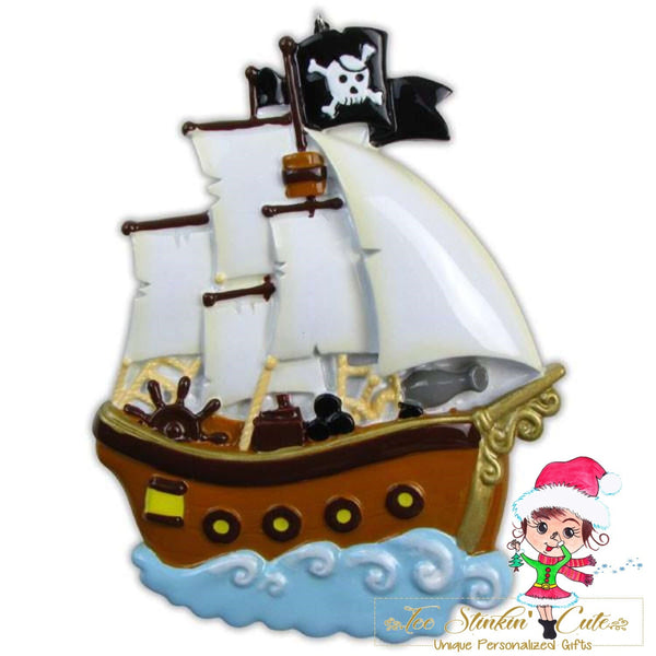 Pirate Ship Personalized Christmas Ornament + Free Shipping! (Boys kids pirates)