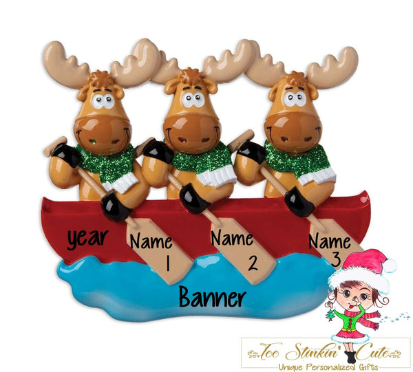 Personalized Christmas Ornament Canoe Moose Family of 3 + Free Shipping! (Best Friends/ Coworkers/ Employees/ Team/ Sports)