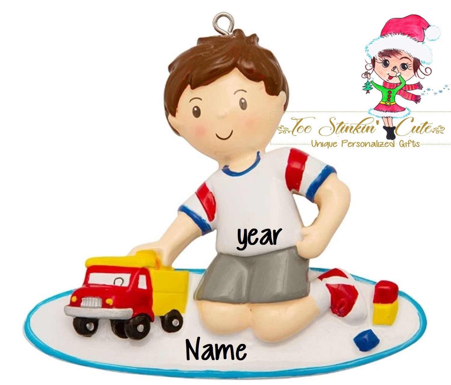 Personalized Christmas Ornament Boy Playing with Truck Toy Cars + Free Shipping!