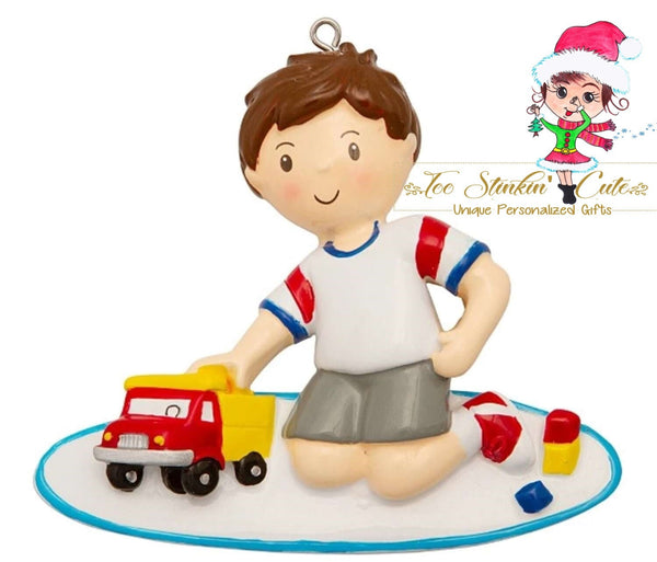 Personalized Christmas Ornament Boy Playing with Truck Toy Cars + Free Shipping!