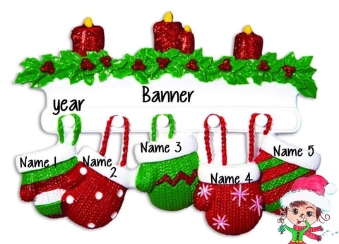Personalized Christmas Ornament Mittens Family of 5 + Free Shipping!