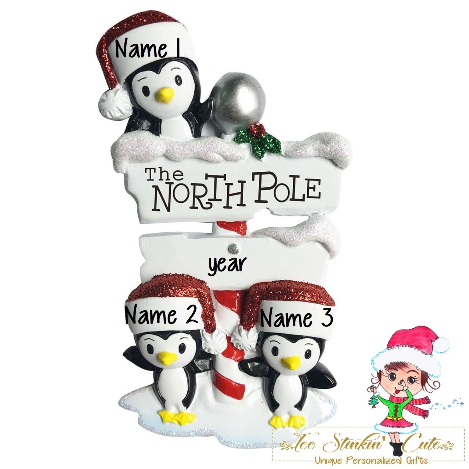Christmas Ornament North Pole Penguin Family of 3 - Personalized + Free Shipping!