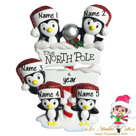 Christmas Ornament North Pole Penguin Family of 5 - Personalized + Free Shipping!