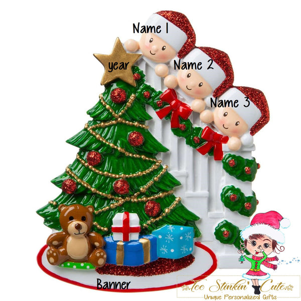 Christmas Ornament Peeking Christmas Tree Family of 3 - Personalized + Free Shipping!