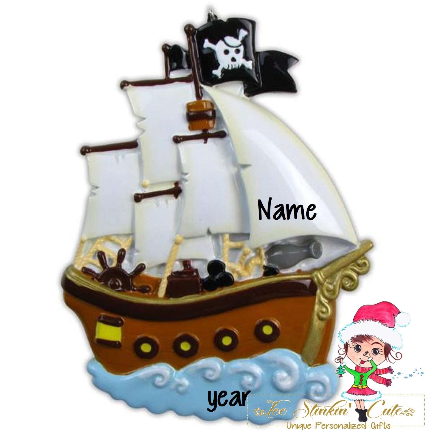 Pirate Ship Personalized Christmas Ornament + Free Shipping! (Boys kids pirates)