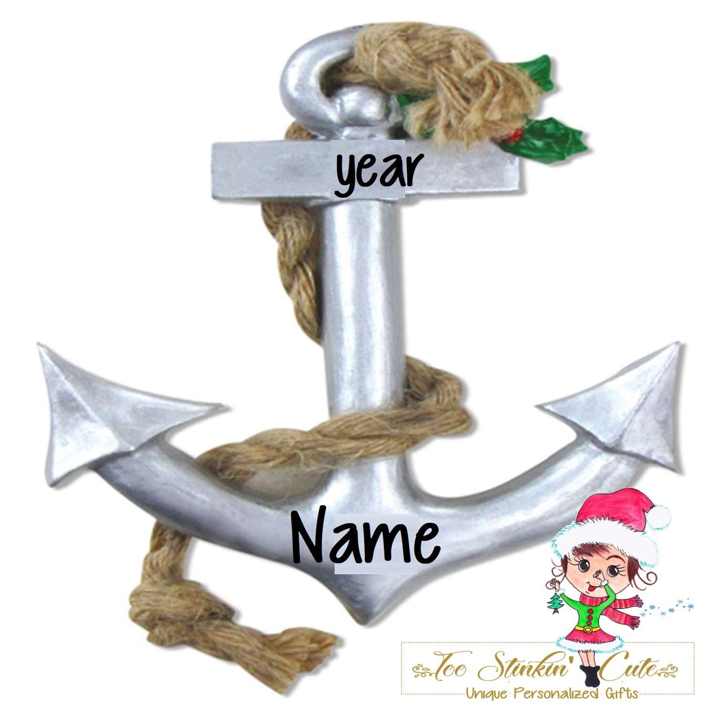 Personalized Christmas Ornament Silver Anchor/ Beach + Free Shipping! (Ocean, lake, beach, sand)