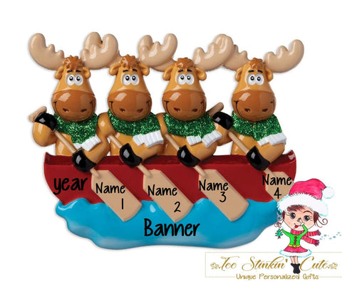 Personalized Christmas Ornament Canoe Moose Family of 4 + Free Shipping! (Best Friends/ Coworkers/ Employees/ Team/ Sports)
