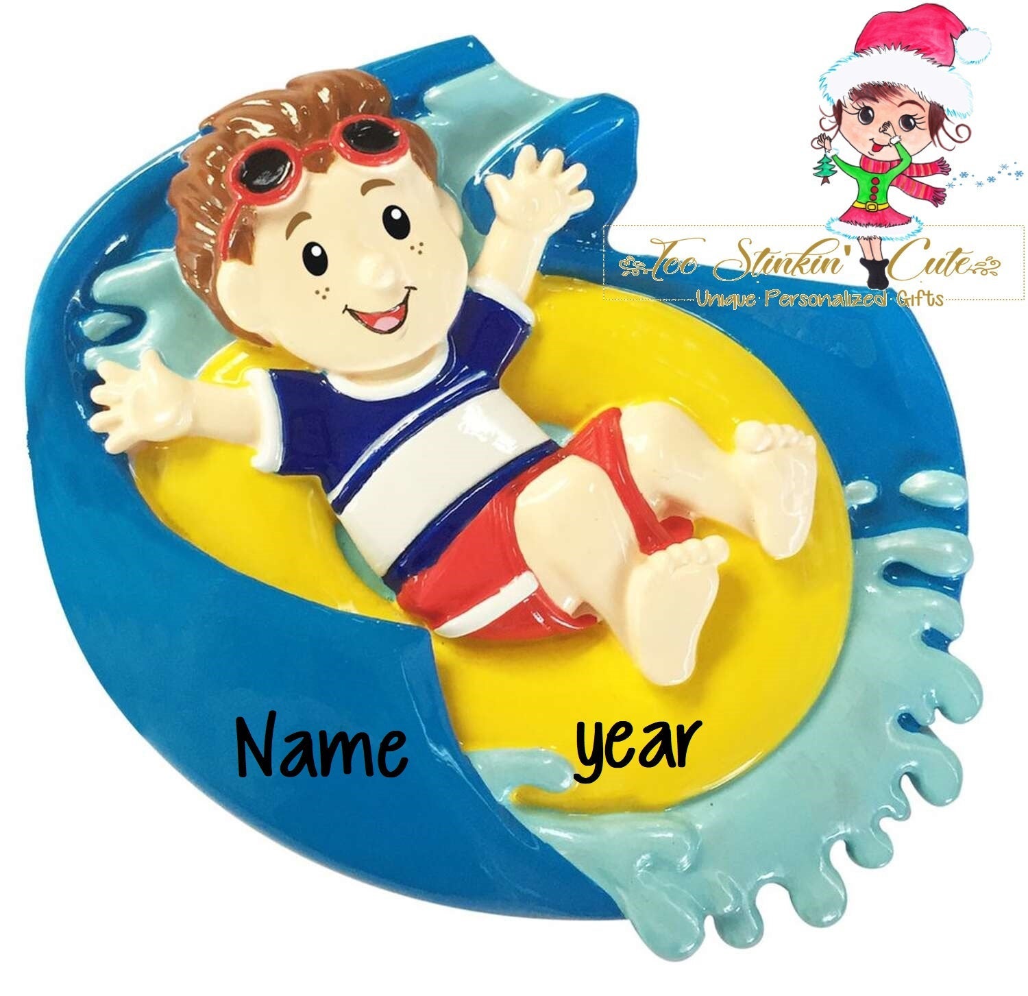 Personalized Christmas Ornament Boy on Water Slide + Free Shipping! (Boys kids children)