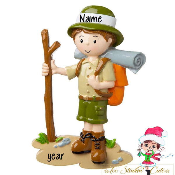 Personalized Christmas Ornament Boy Hiking with Stick+ Free Shipping! (Grandpa, Dad, Boy Scouts, Hiker, walking stick)