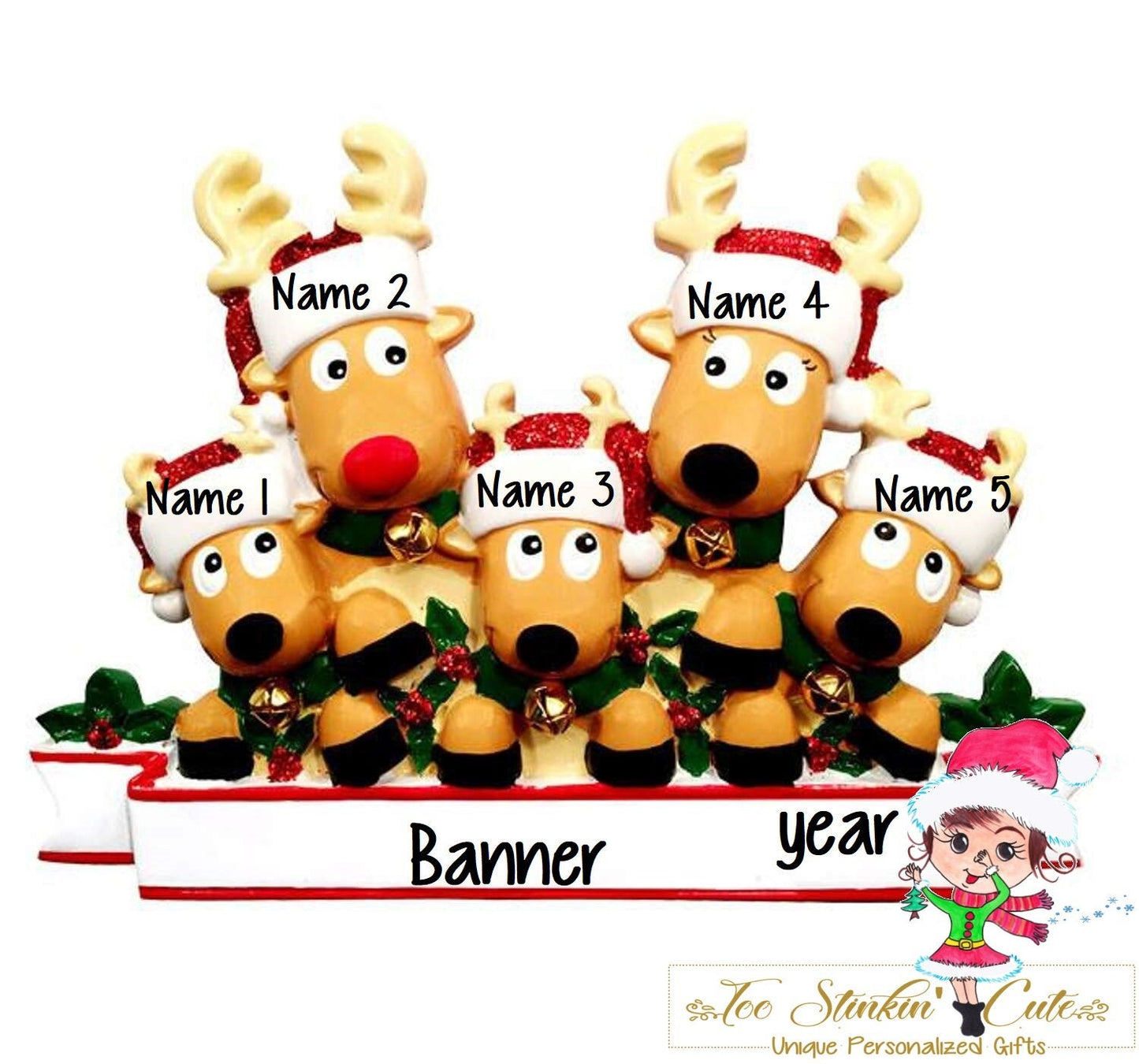 Personalized Christmas Table Topper Reindeer Family of 5 + Free Shipping!