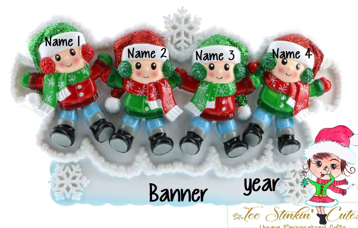 Personalized Christmas Table Topper Snow Angel Family of 4 + Free Shipping!