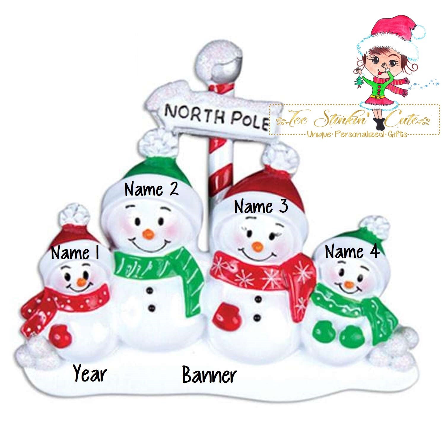 Personalized Christmas Table Topper North Pole Snowman Family of 4 + Free Shipping!