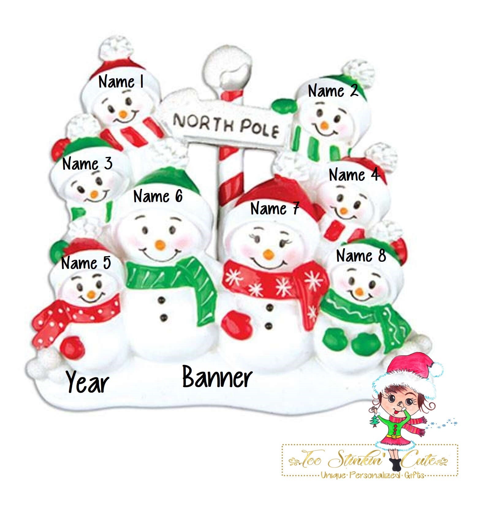 Personalized Christmas Table Topper North Pole Snowman Family of 8 + Free Shipping!