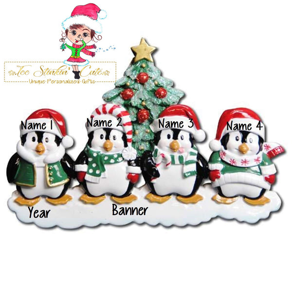Personalized Christmas Table Topper Penguin Tree Family of 4 + Free Shipping!