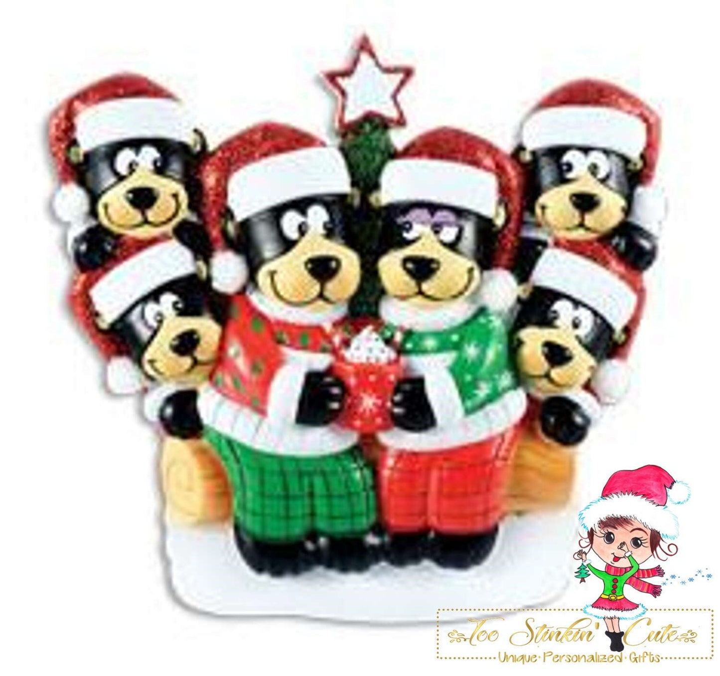 Christmas Ornament Black Bear Hot Chocolate Family of 6/ Friends/ Coworkers - Personalized + Free Shipping!