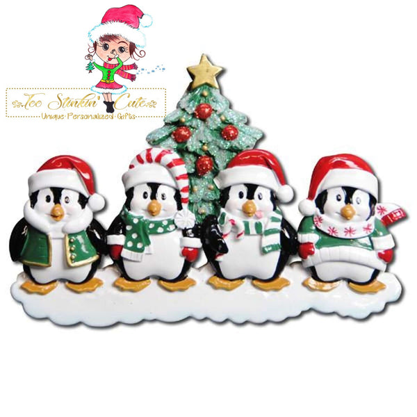 Personalized Christmas Table Topper Penguin Tree Family of 4 + Free Shipping!