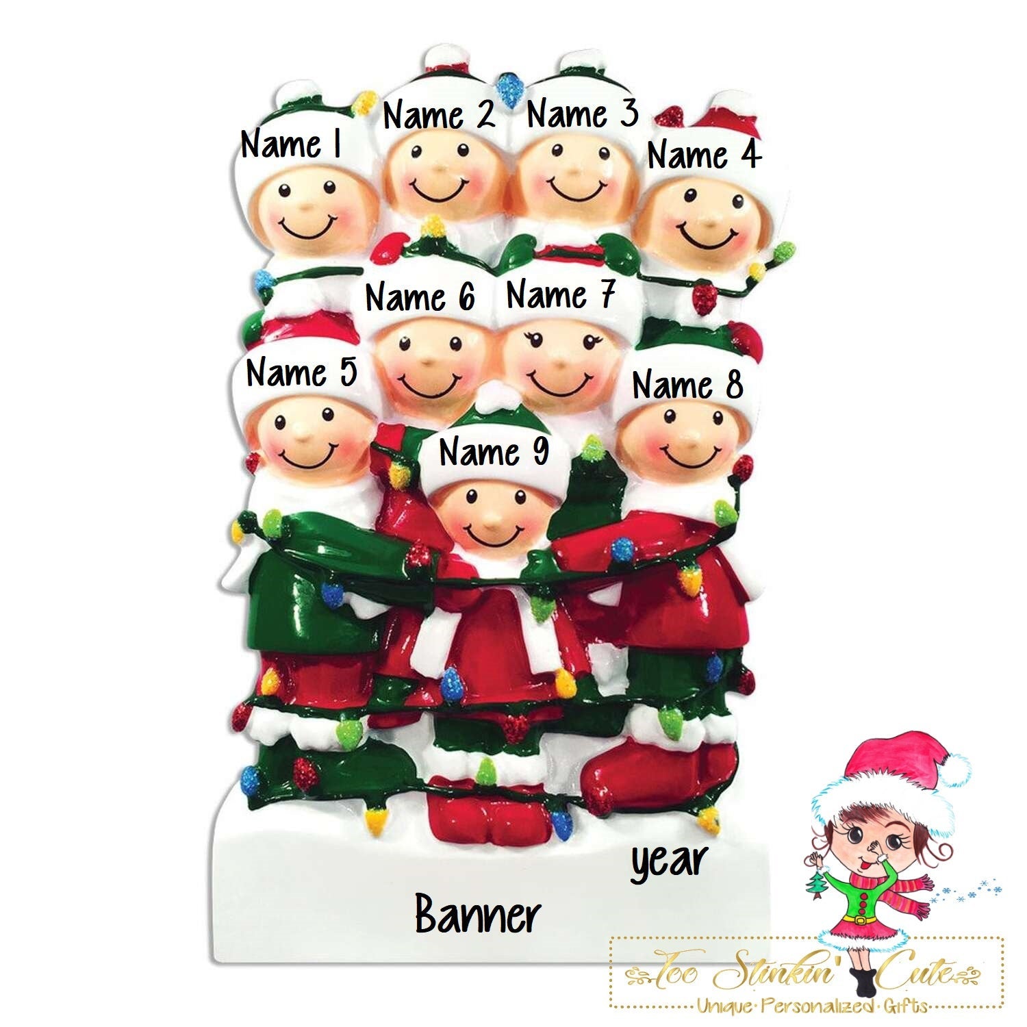 Christmas Ornament Family Tangled in Lights Family of 9- Personalized + Free Shipping!
