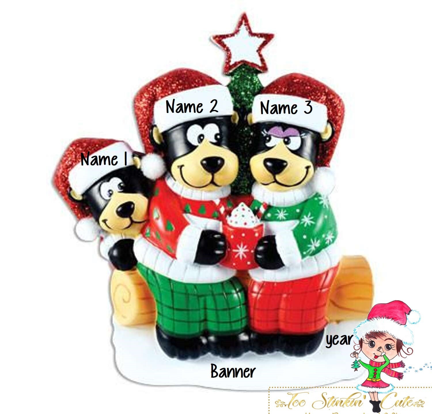 Christmas Ornament Black Bear Hot Chocolate Family of 3/ Friends/ Coworkers - Personalized + Free Shipping!