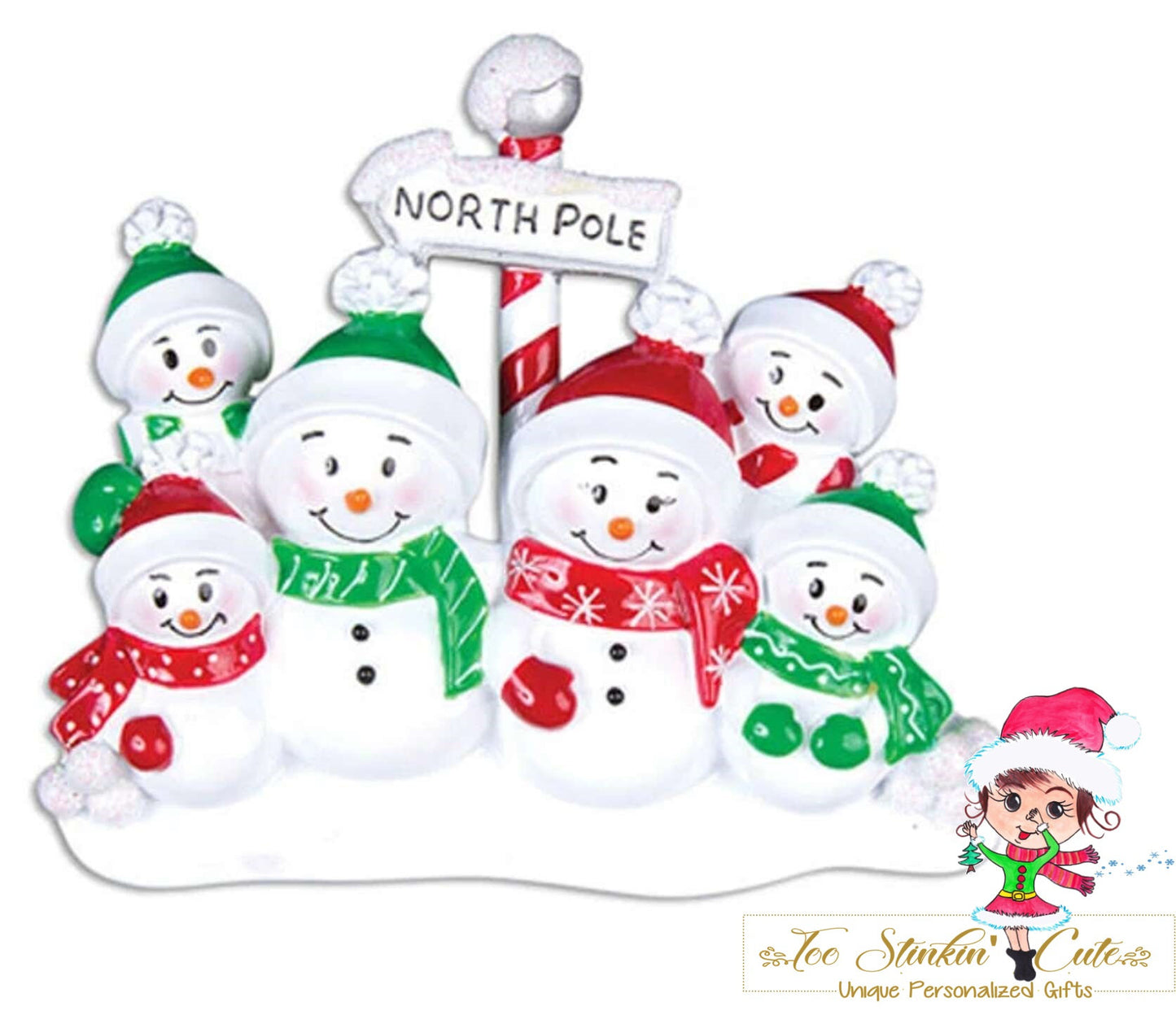 Personalized Christmas Table Topper North Pole Snowman Family of 6 + Free Shipping!