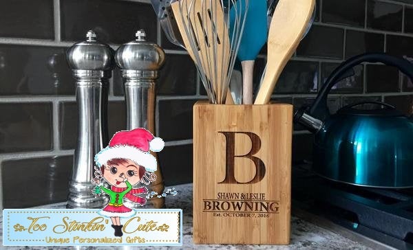 Personalized Bamboo Kitchen Utensil Holder (Spoon, Cooking, Organizer, Crock, Jar, Caddy, Container)