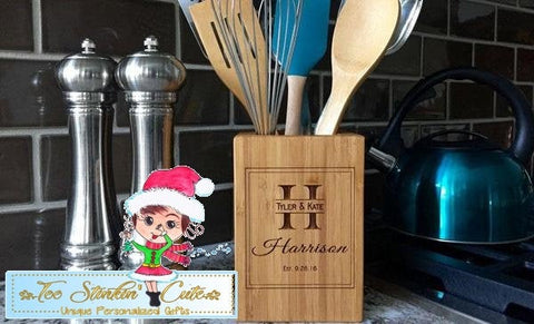 Personalized Bamboo Kitchen Utensil Holder (Spoon, Cooking, Organizer, Crock, Jar, Caddy, Container)
