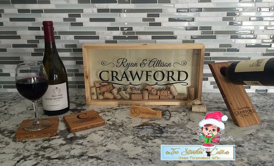 Personalized Housewarming Bundle (Father's Day, Bar, Man Cave, Men, Mothers Day, Mom, Wine, Coaster, Bottle Opener, Cork Keeper)