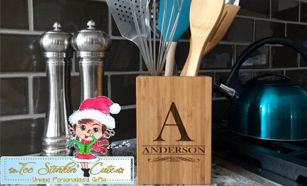 Personalized Bamboo Kitchen Utensil Holder (Spoon, Cooking, Organizer, Crock, Jar, Caddy, Container)