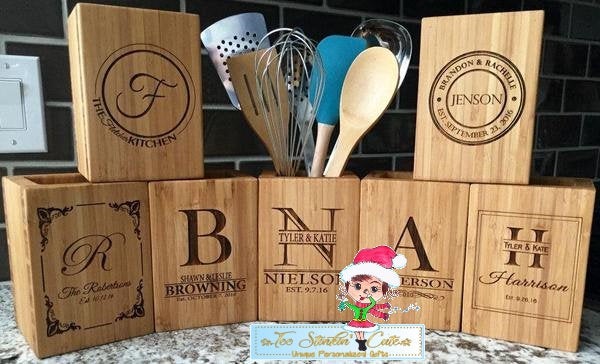 Personalized Bamboo Kitchen Utensil Holder (Spoon, Cooking, Organizer, Crock, Jar, Caddy, Container)